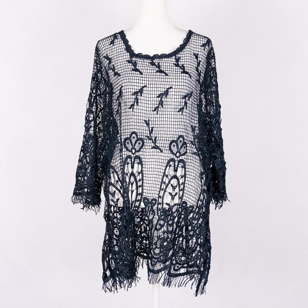 Women's Crochet Lace Open Knit Tunic Top Cover Up SZ 0X Blue Coastal Beach Boho